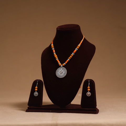 German silver wooden beads necklace set 14 - handcrafted