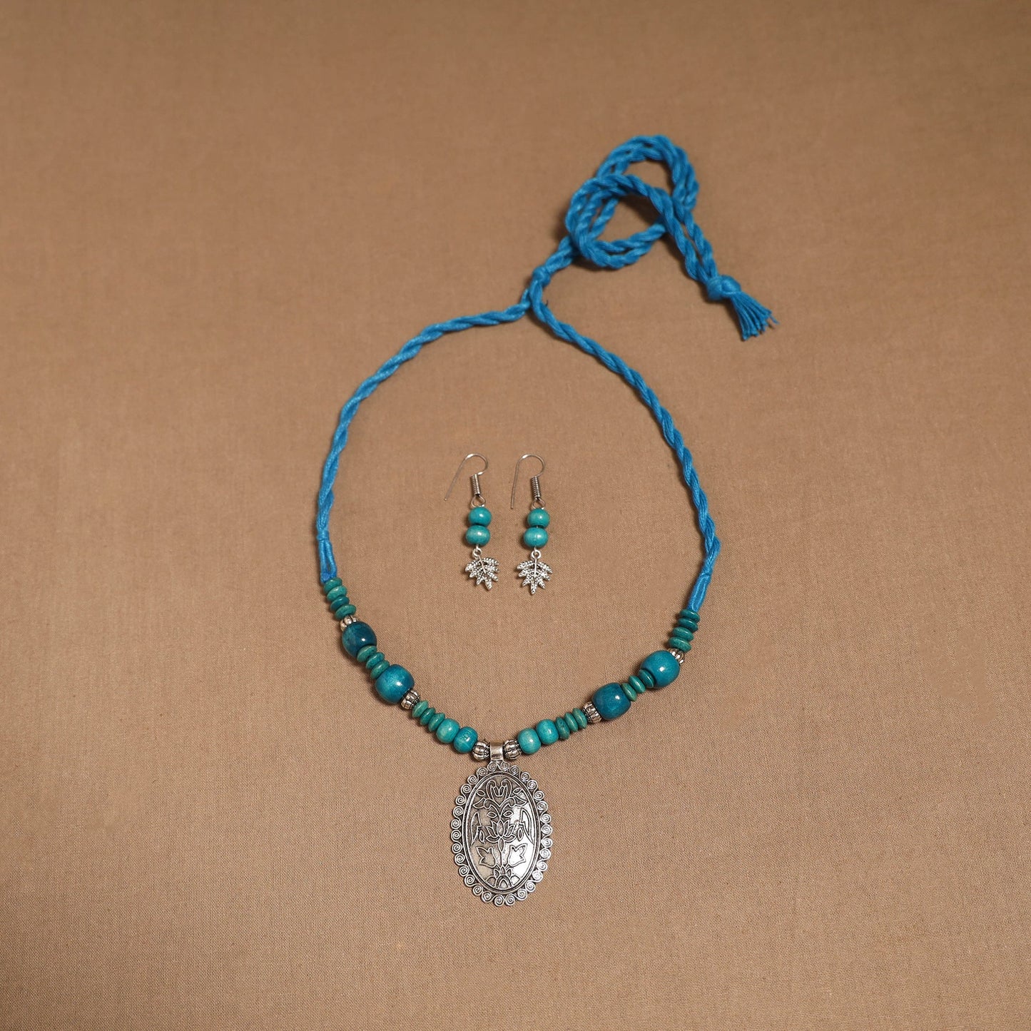 German silver wooden beads necklace set 16 - handcrafted