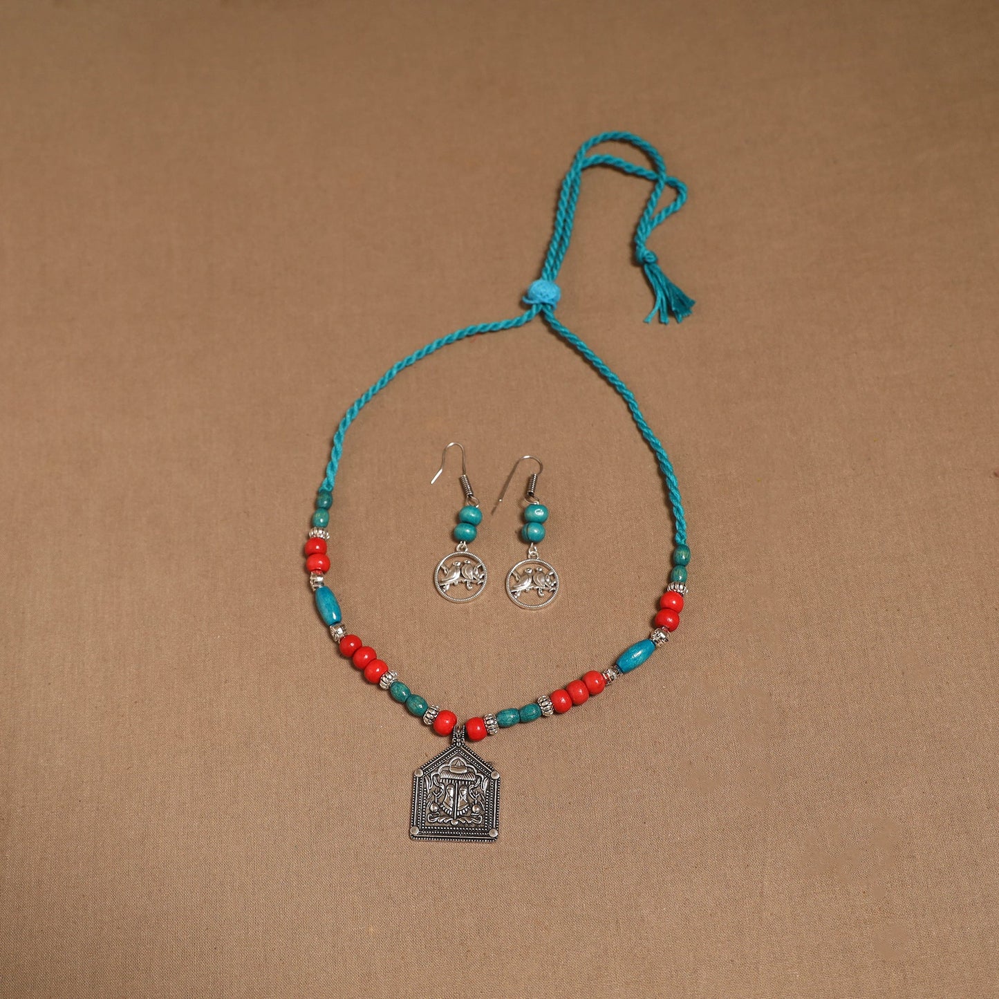 German silver wooden beads necklace set 20 - handcrafted