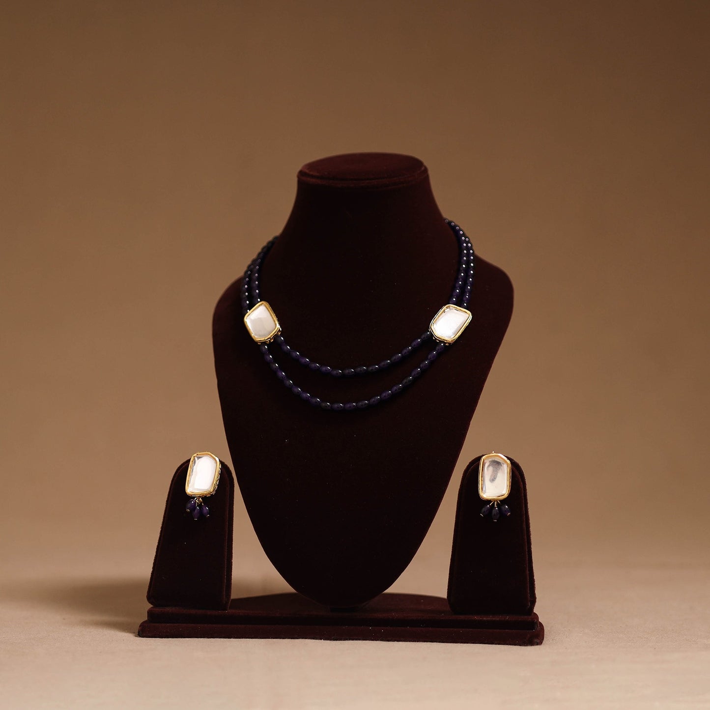 Glass beads kundan work necklace set 56 - handcrafted