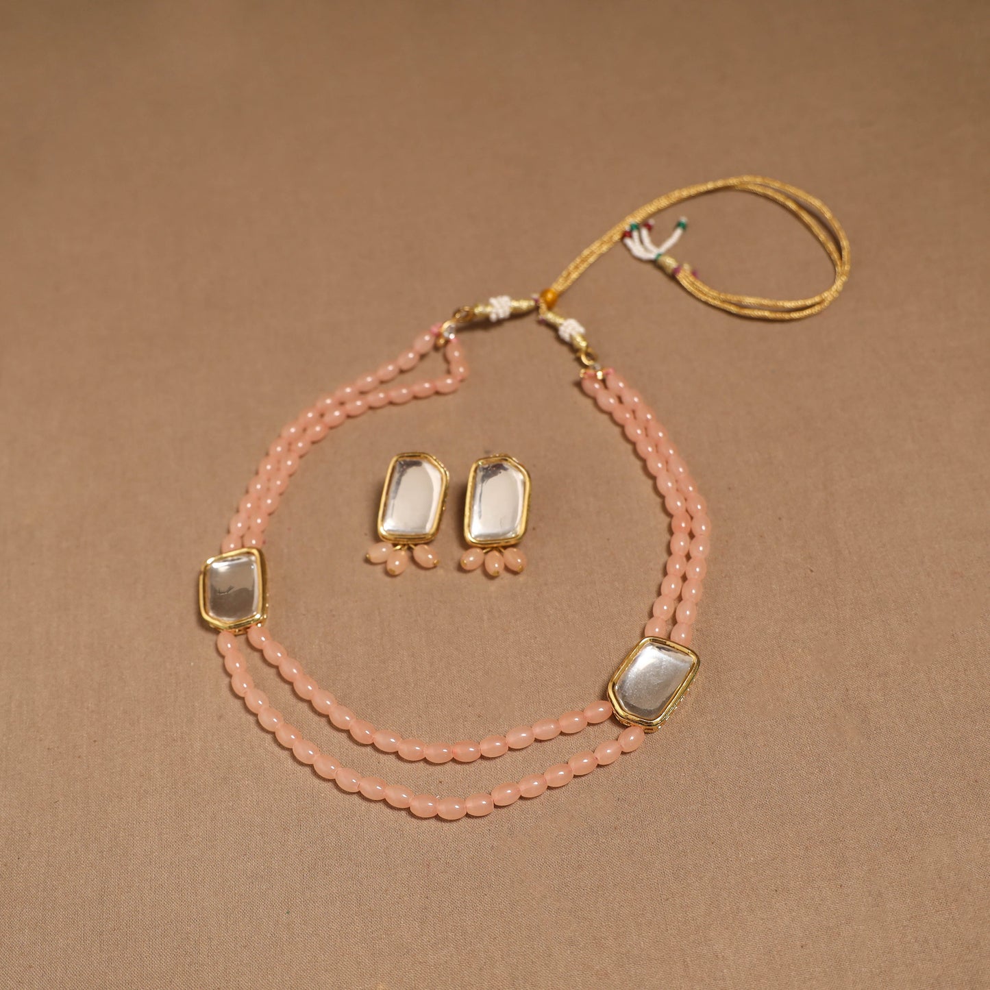 Glass beads kundan work necklace set 58 - handcrafted