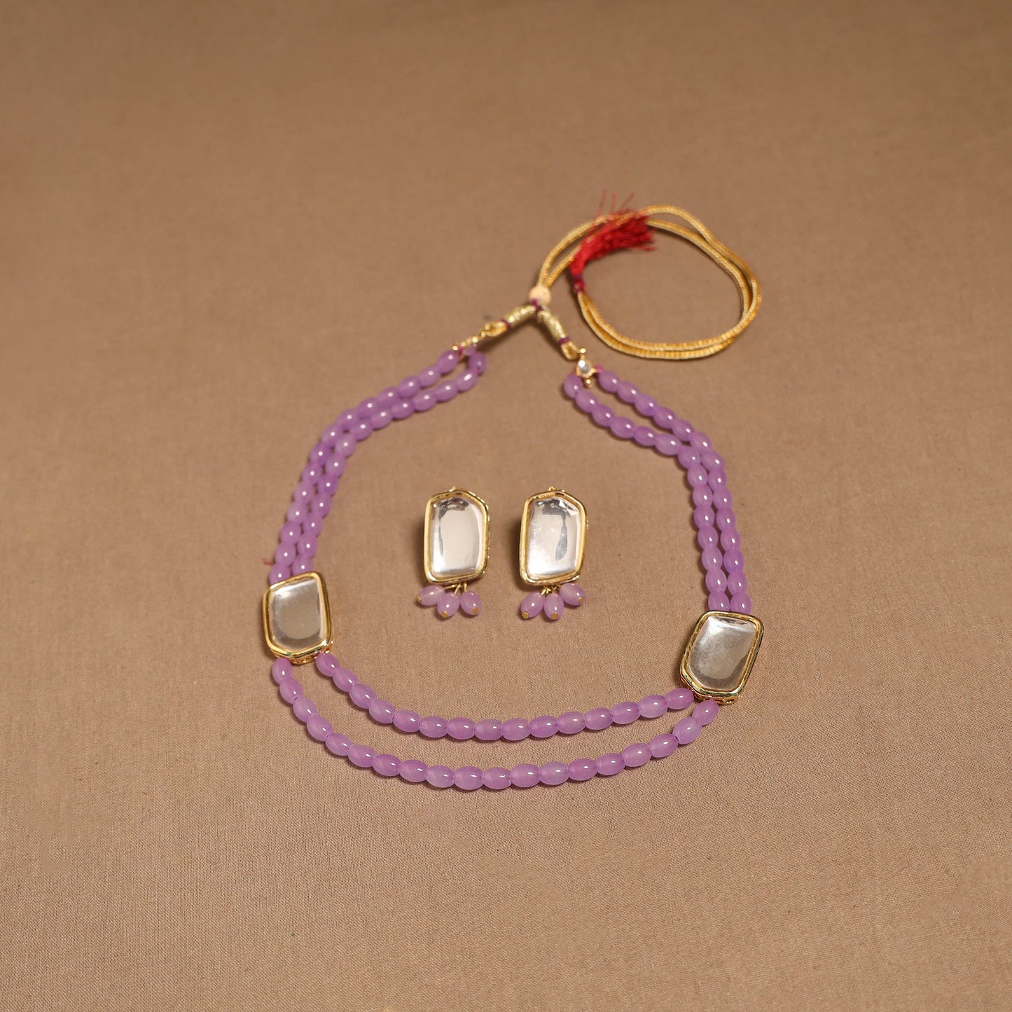 Glass beads kundan work necklace set 60 - handcrafted