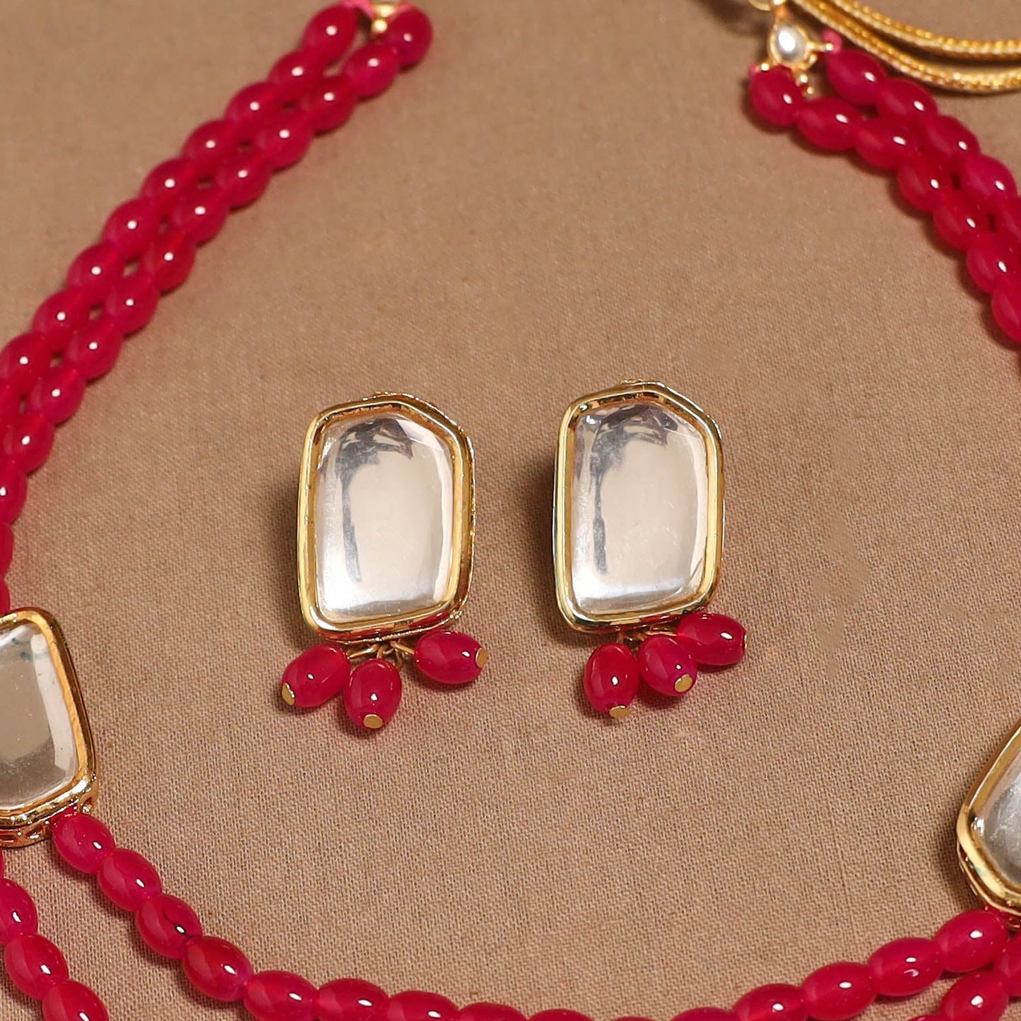 Glass beads kundan work necklace set 61 - handcrafted