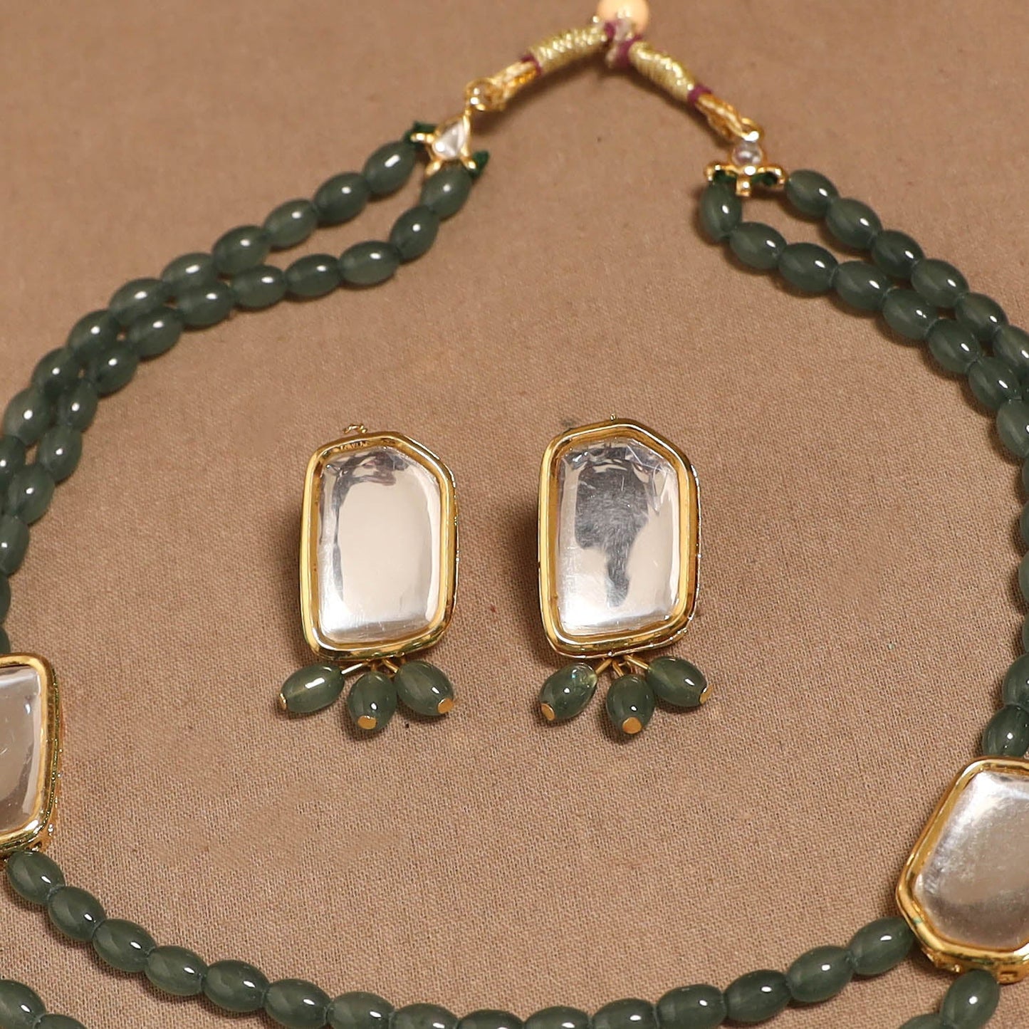 Glass beads kundan work necklace set 67 - handcrafted