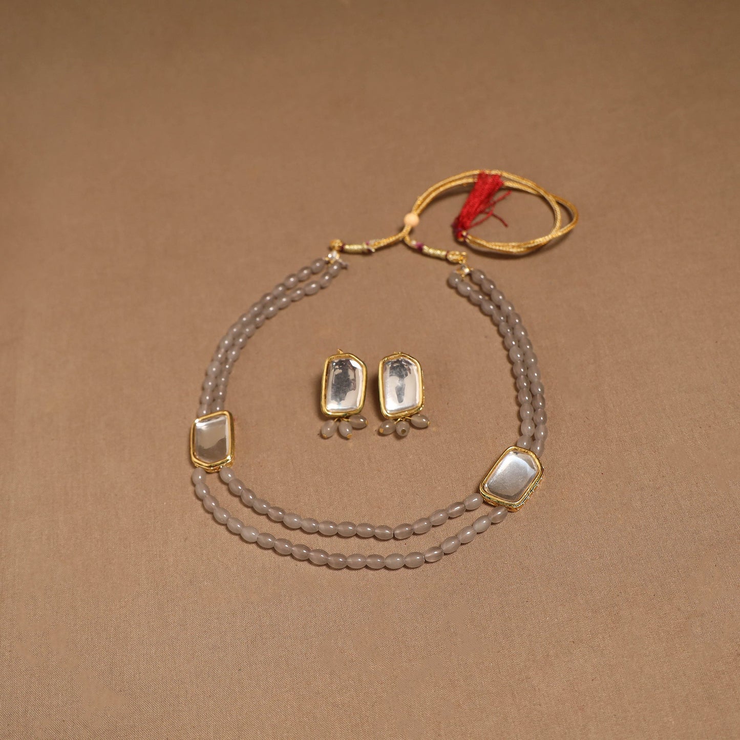 Glass beads kundan work necklace set 68 - handcrafted