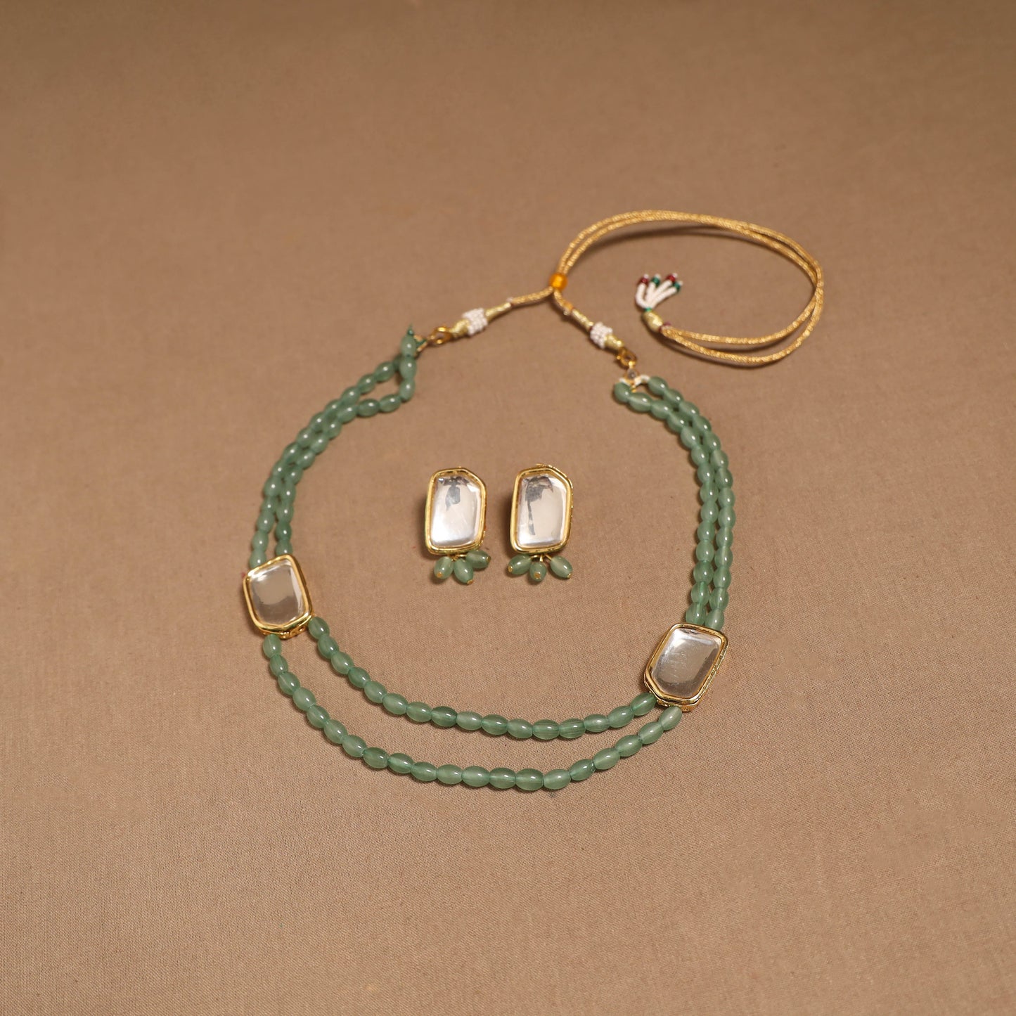 Glass beads kundan work necklace set 70 - handcrafted