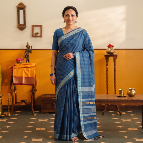 Blue Godavari Jamdani Buti Pure Handloom Checks Cotton Saree, draped and worn by a woman, AI visual of the saree, iTokri
