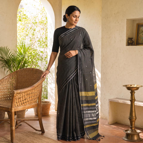 Black Godavari Jamdani Buti Pure Handloom Checks Cotton Saree, draped and worn by a woman, AI visual of the saree, iTokri