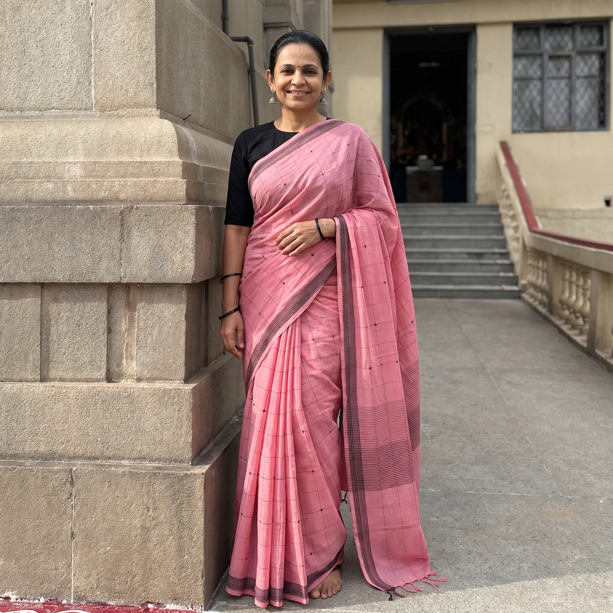 Pink Godavari Jamdani Buti Pure Handloom Cotton Saree, draped and worn by a woman, AI visual of the saree, iTokri