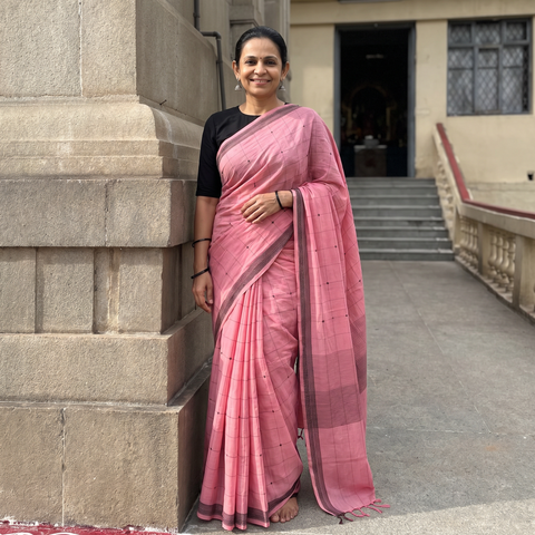 Pink Godavari Jamdani Buti Pure Handloom Cotton Saree, draped and worn by a woman, AI visual of the saree, iTokri