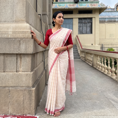 Off White Godavari Jamdani Buti Pure Handloom Cotton Saree, draped and worn by a woman, AI visual of the saree, iTokri
