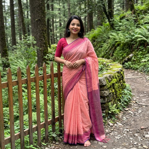 Pink Godavari Jamdani Buti Pure Handloom Cotton Saree, draped and worn by a woman, AI visual of the saree, iTokri