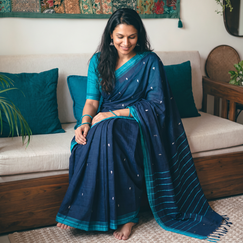 Blue Godavari Jamdani Mango Buti Pure Handloom Cotton Saree, draped and worn by a woman, AI visual of the saree, iTokri