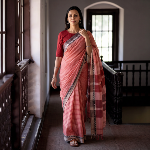 Pink Godavari Mini Gradient Dobby Cotton Handloom Saree, draped and worn by a woman, AI visual of the saree, iTokri