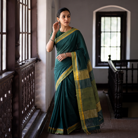 Green Godavari Plain Pure Handloom Dobby Cotton Saree, draped and worn by a woman, AI visual of the saree, iTokri