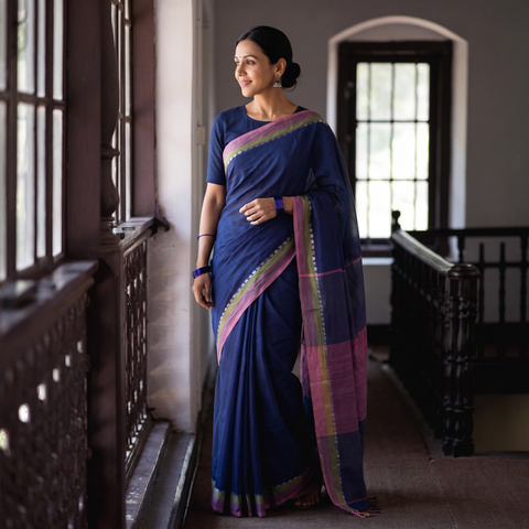 Blue Godavari Plain Pure Handloom Dobby Cotton Saree, draped and worn by a woman, AI visual of the saree, iTokri