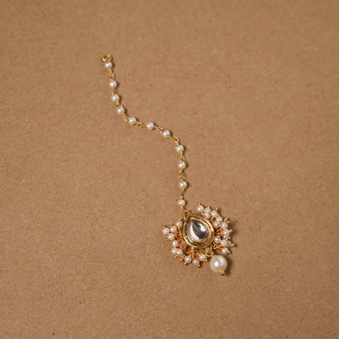 Gold-plated kundan studded & beaded maang tikka 03