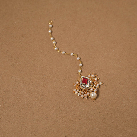 Gold-plated kundan studded & beaded maang tikka 04