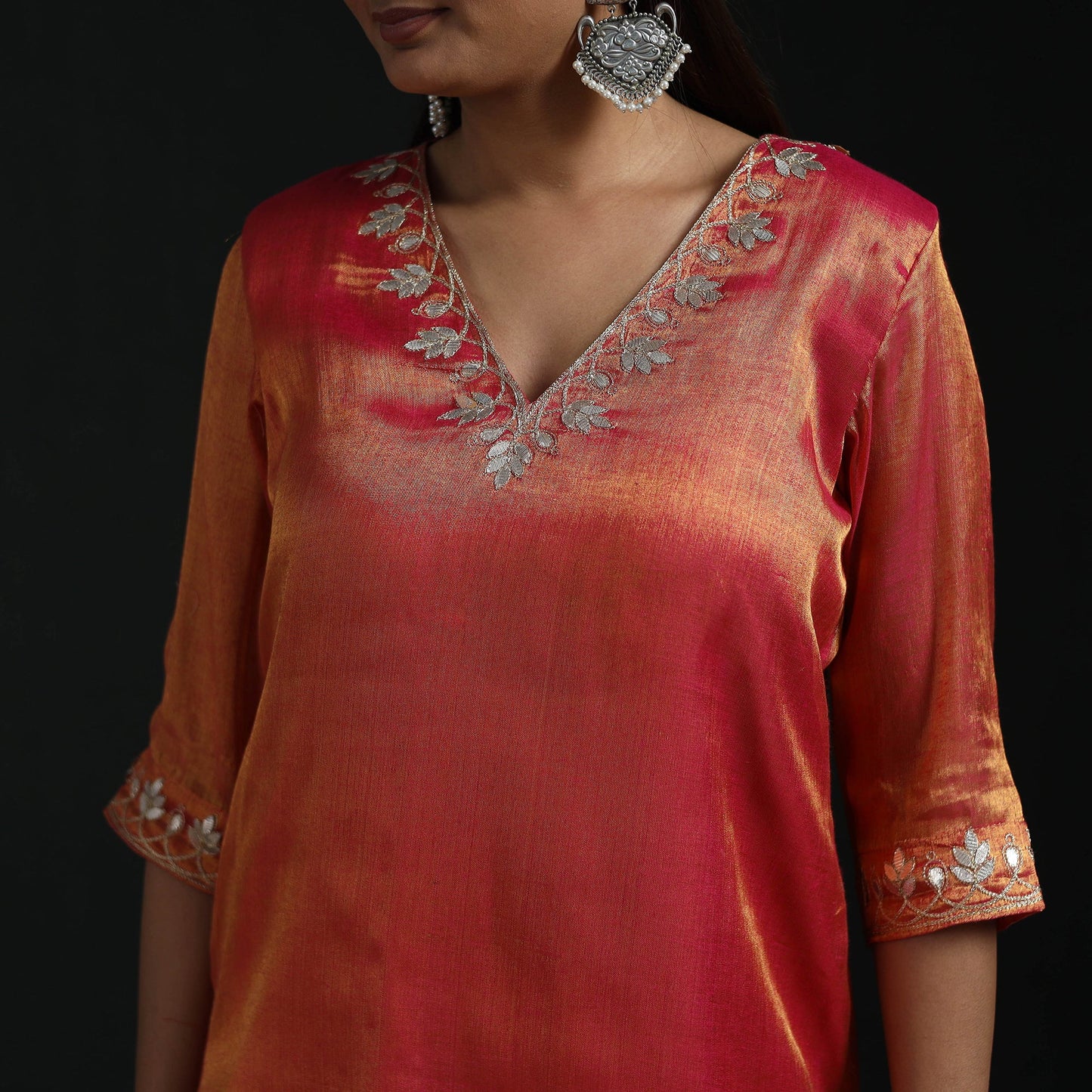 Gota work fine tissue zari straight plain kurta for women