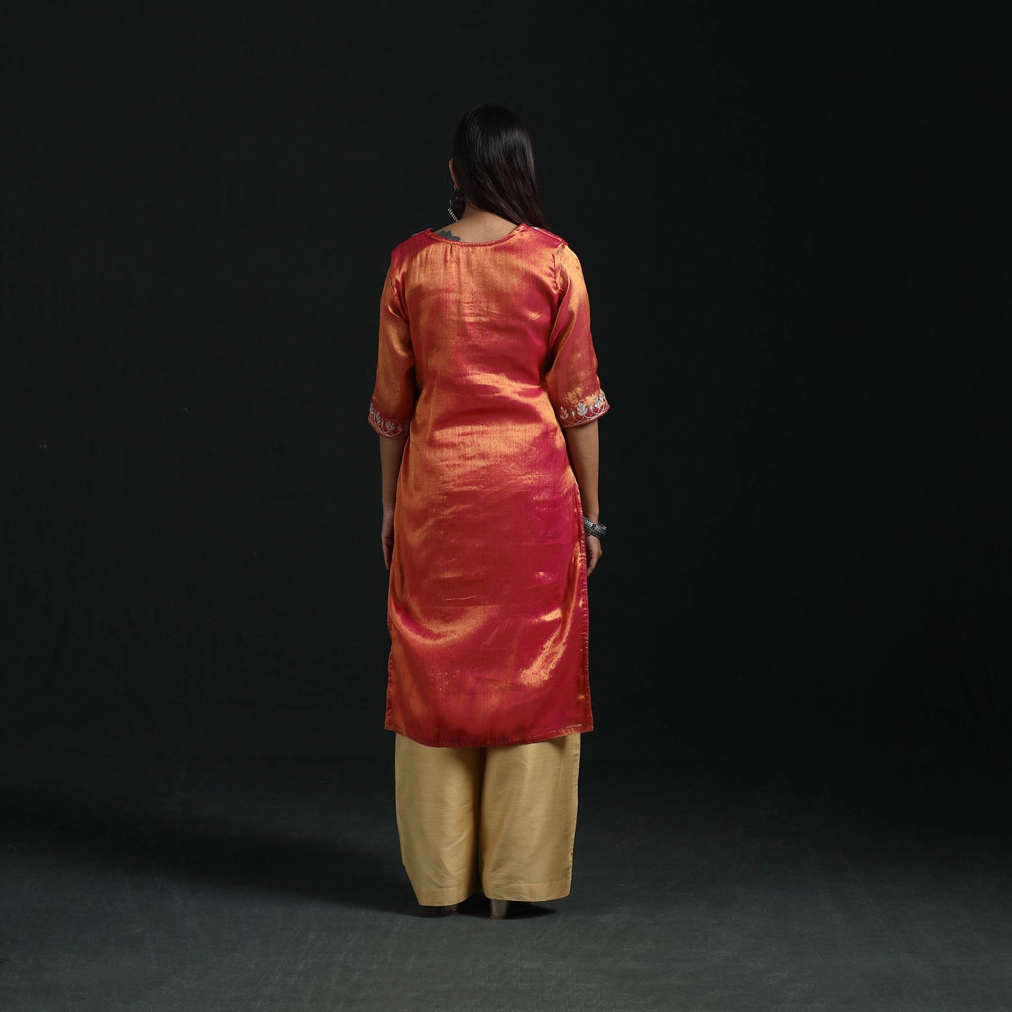 Gota work fine tissue zari straight plain kurta for women