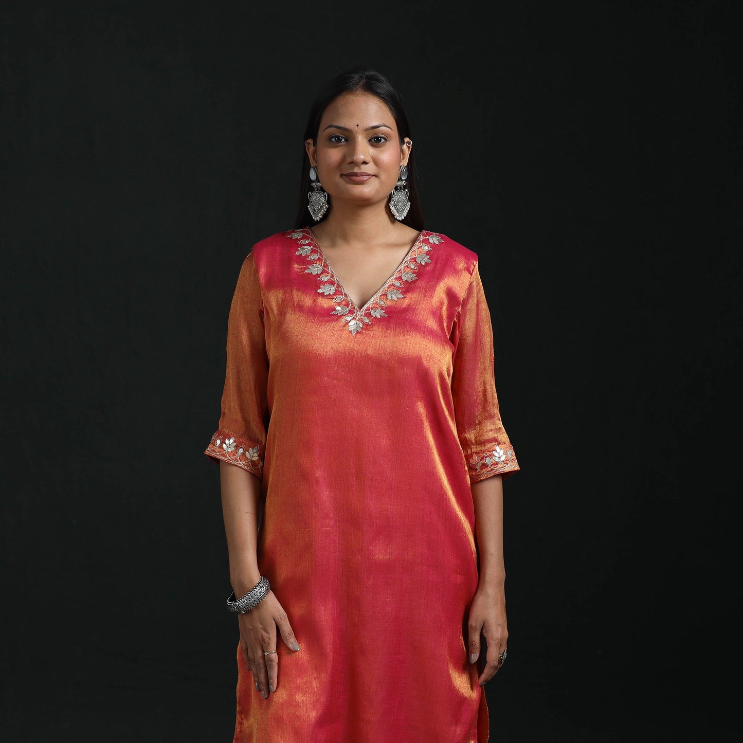 Gota work fine tissue zari straight plain kurta for women