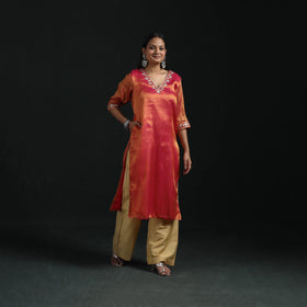 Gota work fine tissue zari straight plain kurta for women