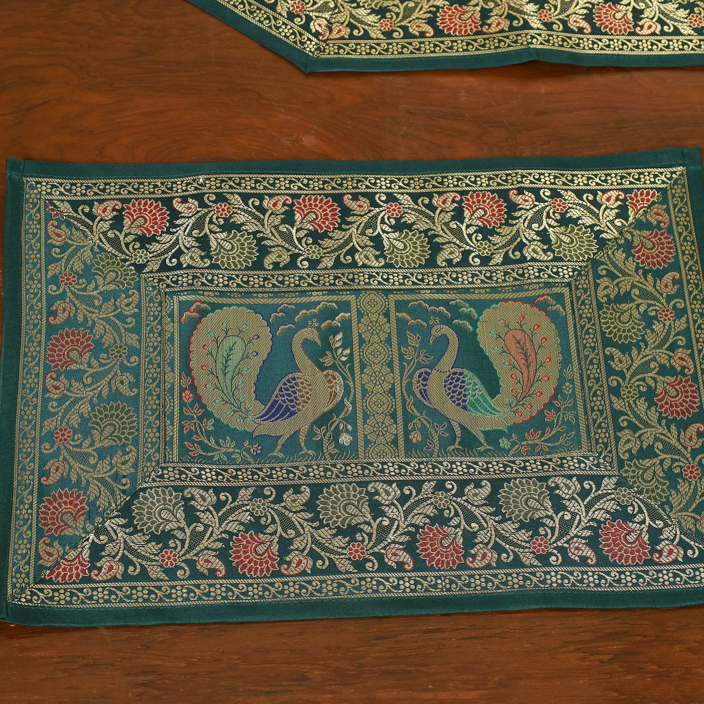 Green - 13pc dining table linen set in brocade banarasi