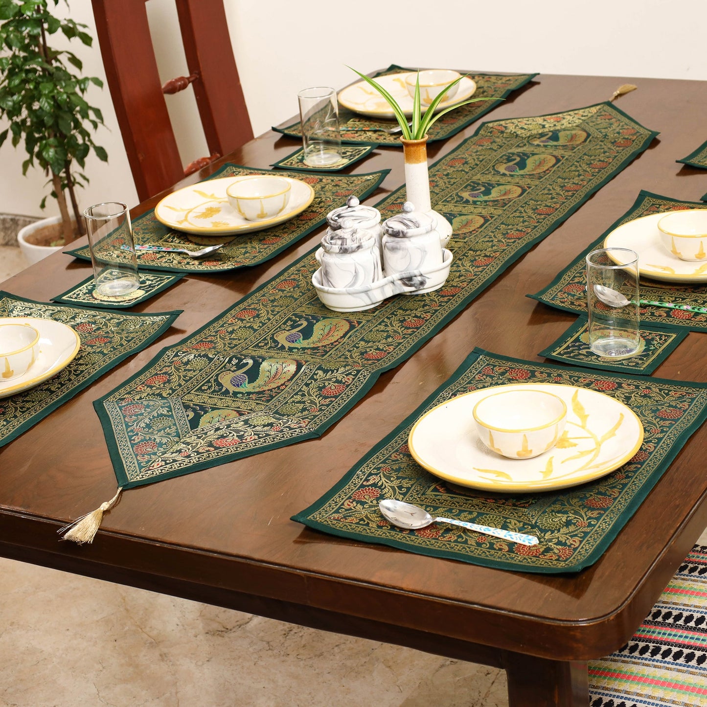 Green - 13pc dining table linen set in brocade banarasi