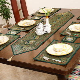 Green - 13pc dining table linen set in brocade banarasi