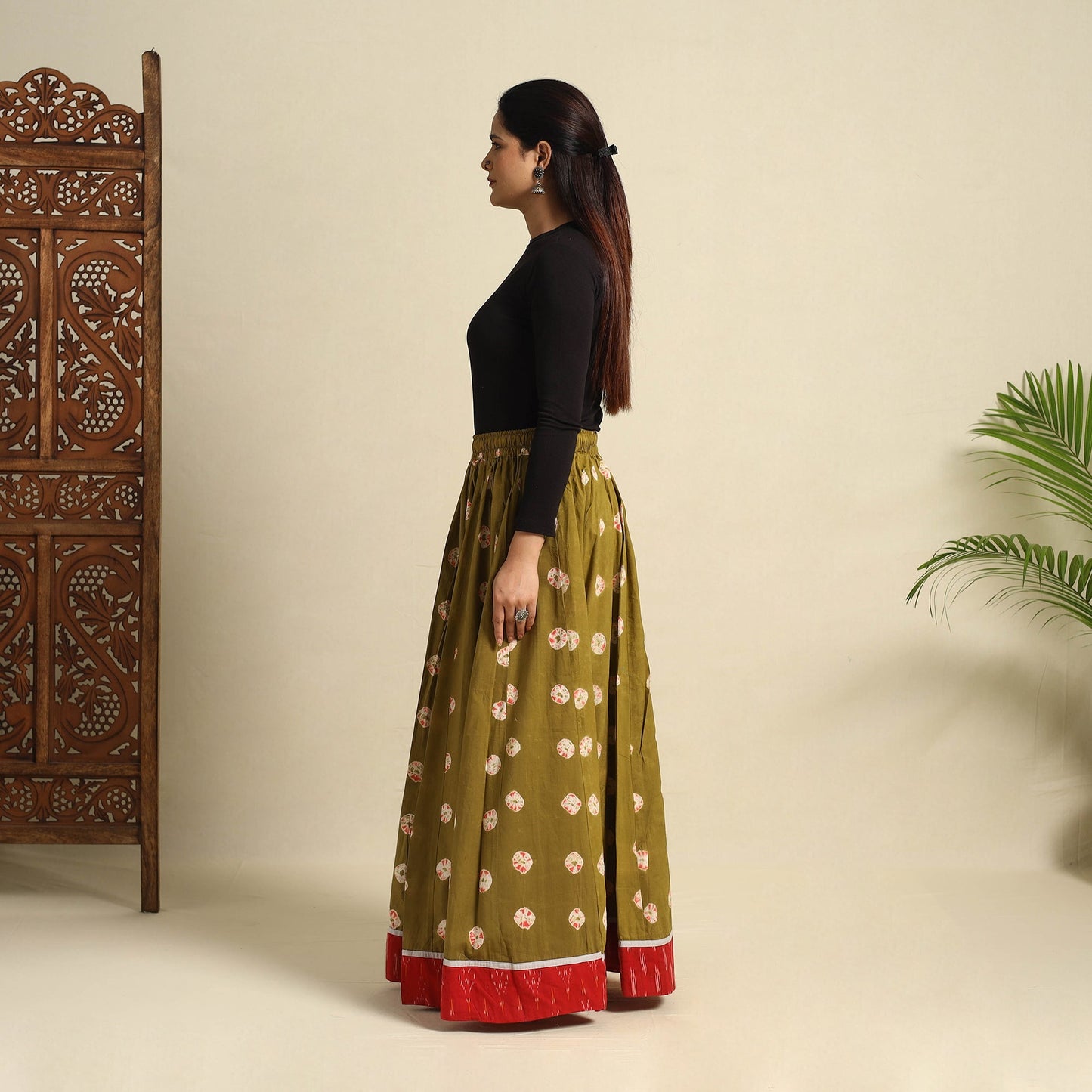  24 Kali Green Patchwork Cotton Long Shibori Tie-Dye Skirt