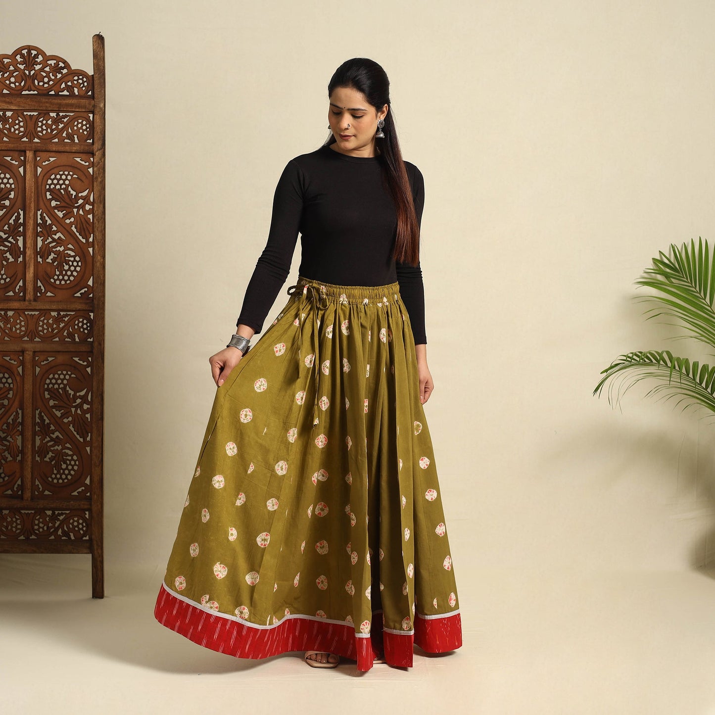  24 Kali Green Patchwork Cotton Long Shibori Tie-Dye Skirt