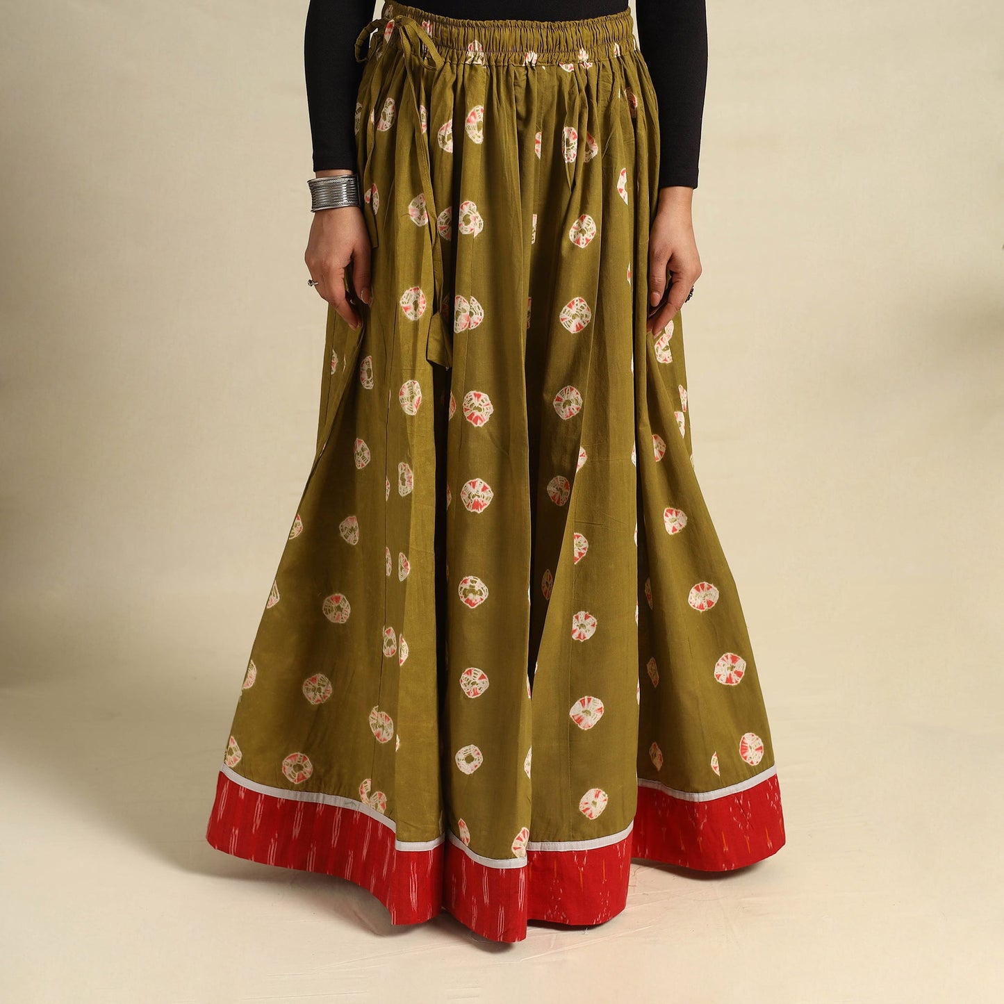  24 Kali Green Patchwork Cotton Long Shibori Tie-Dye Skirt