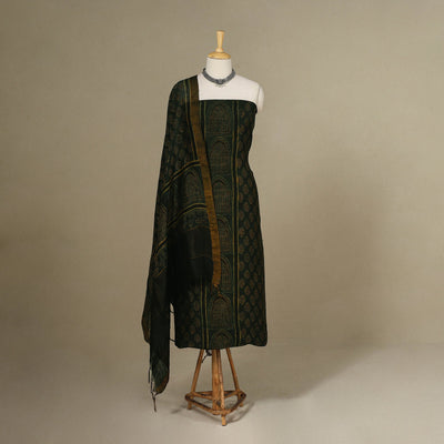 Green - 2pc Block Print Natural Dyed Unstitched Ajrakh Dress Material 