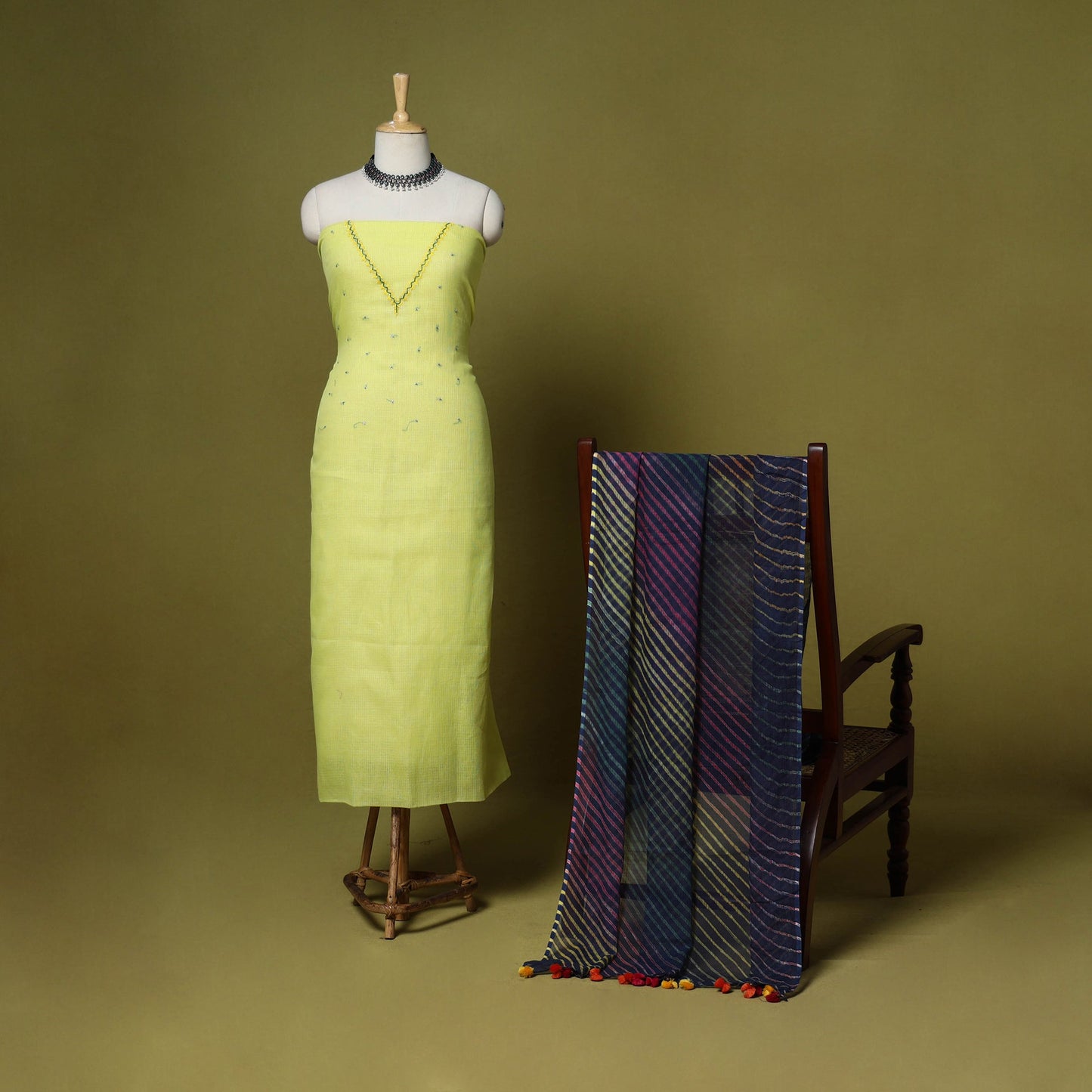 Green - 2pc cotton unstitched hand embroidery kota doria