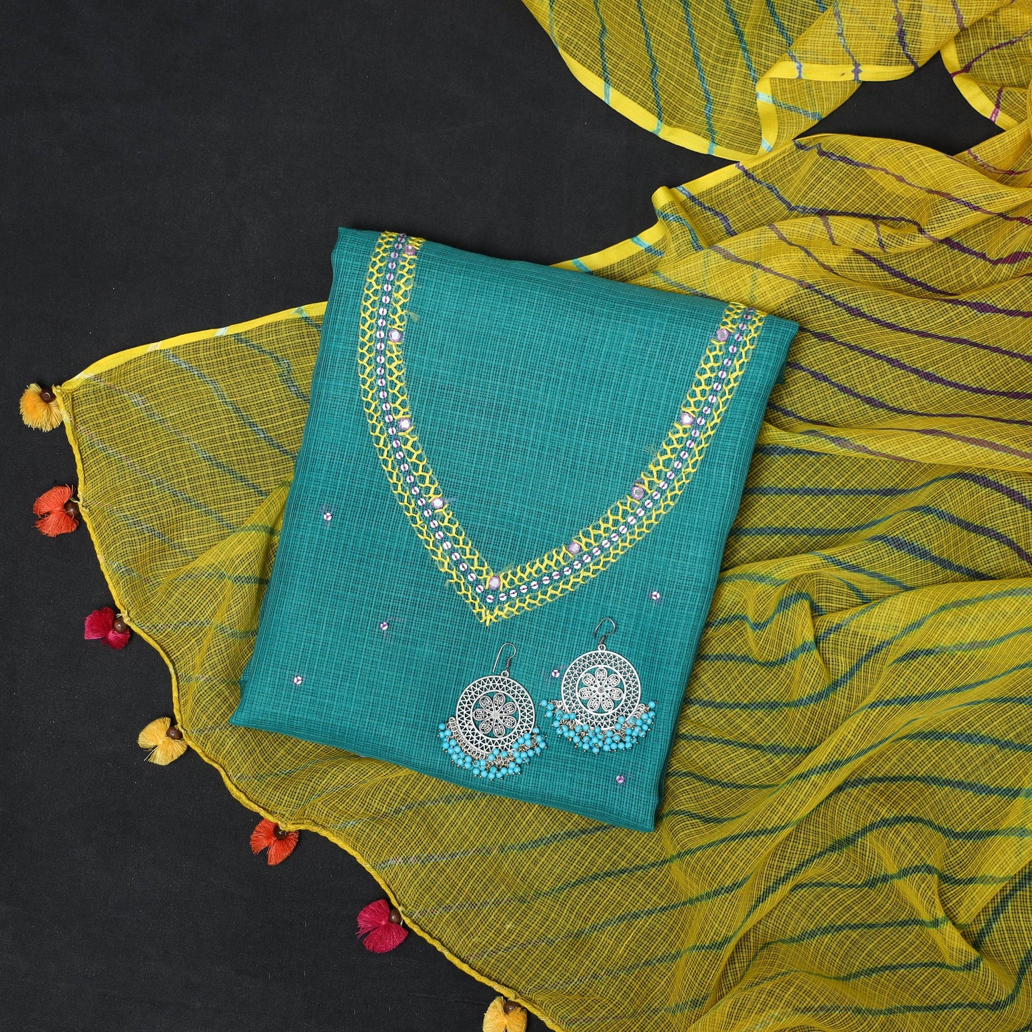 Green - 2pc cotton unstitched hand embroidery kota doria