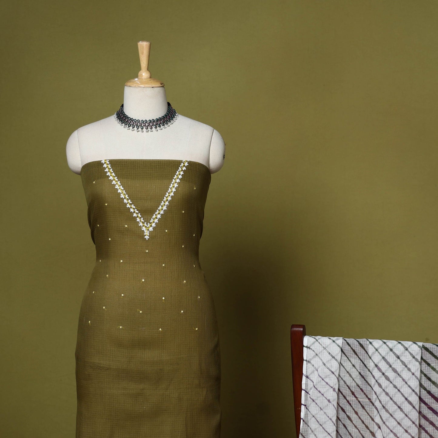 Green - 2pc cotton unstitched hand embroidery kota doria