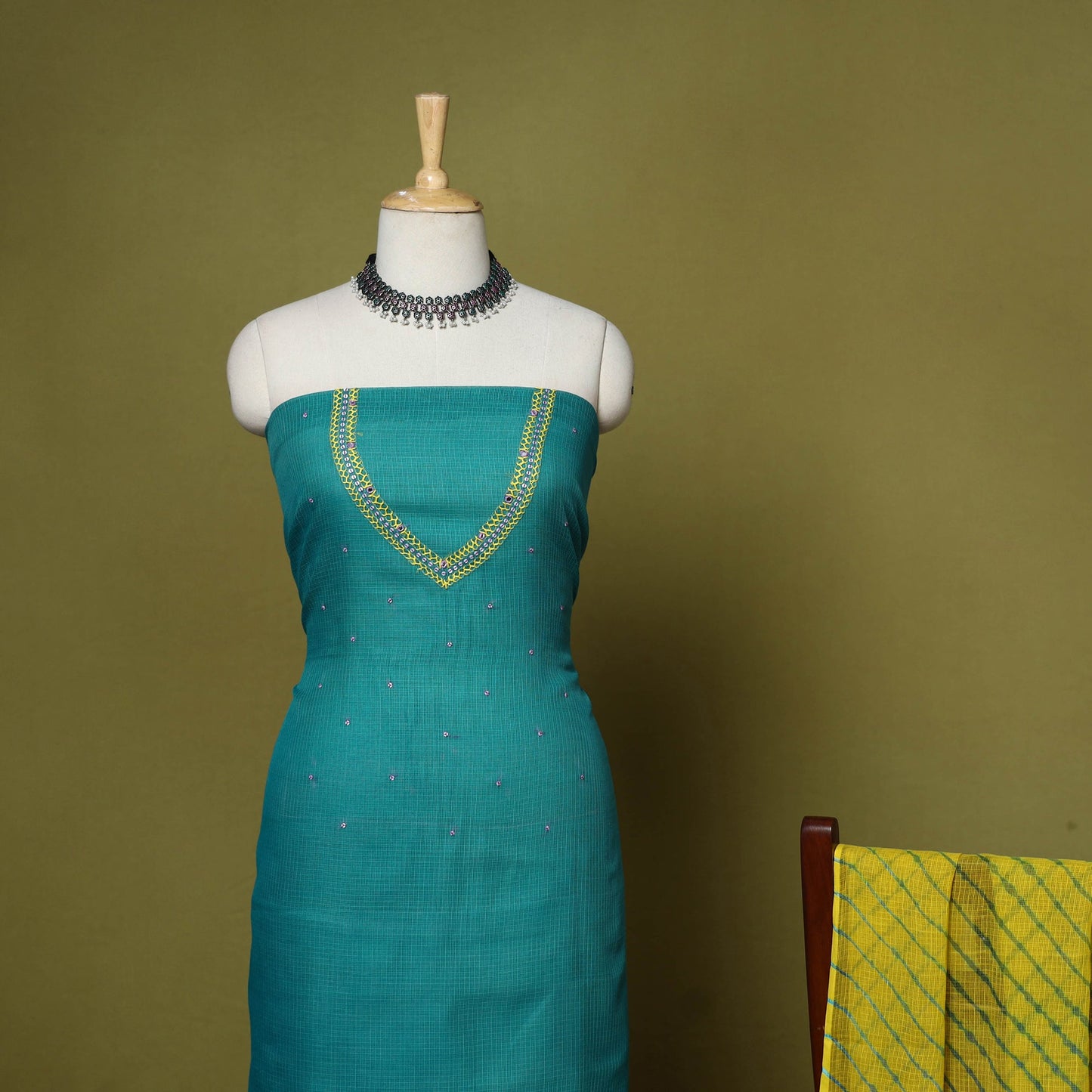 Green - 2pc cotton unstitched hand embroidery kota doria