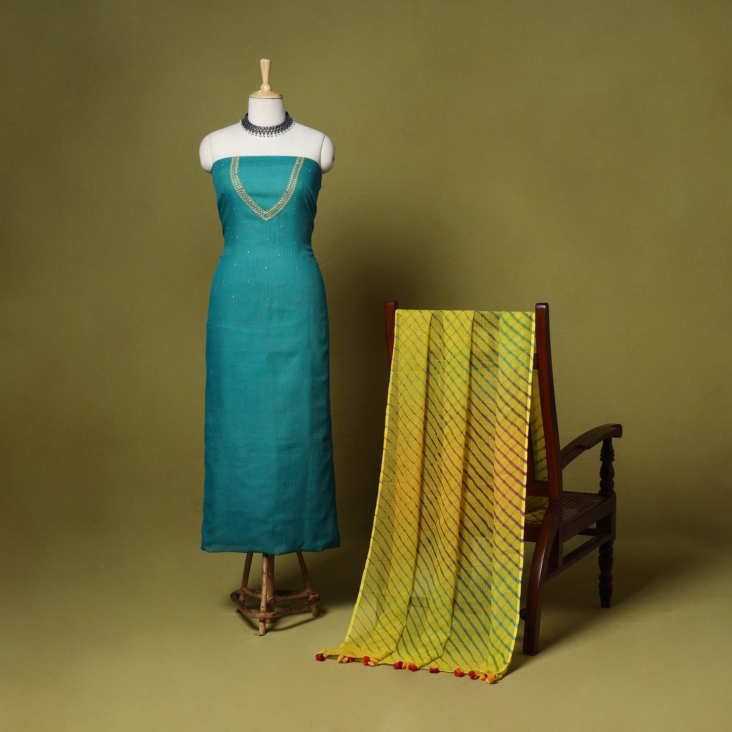 Green - 2pc cotton unstitched hand embroidery kota doria