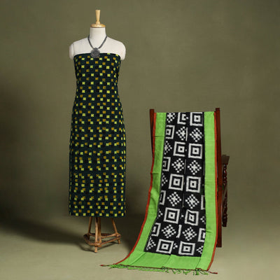 Green - 2pc cotton unstitched kurta with ikat dupatta 11