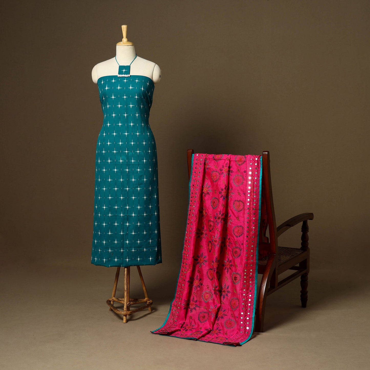 Blue - 2pc cotton unstitched pochampally double ikat dress