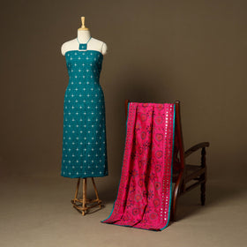 Blue - 2pc cotton unstitched pochampally double ikat dress