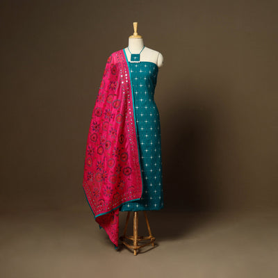 Blue - 2pc cotton unstitched pochampally double ikat dress