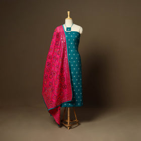 Blue - 2pc cotton unstitched pochampally double ikat dress