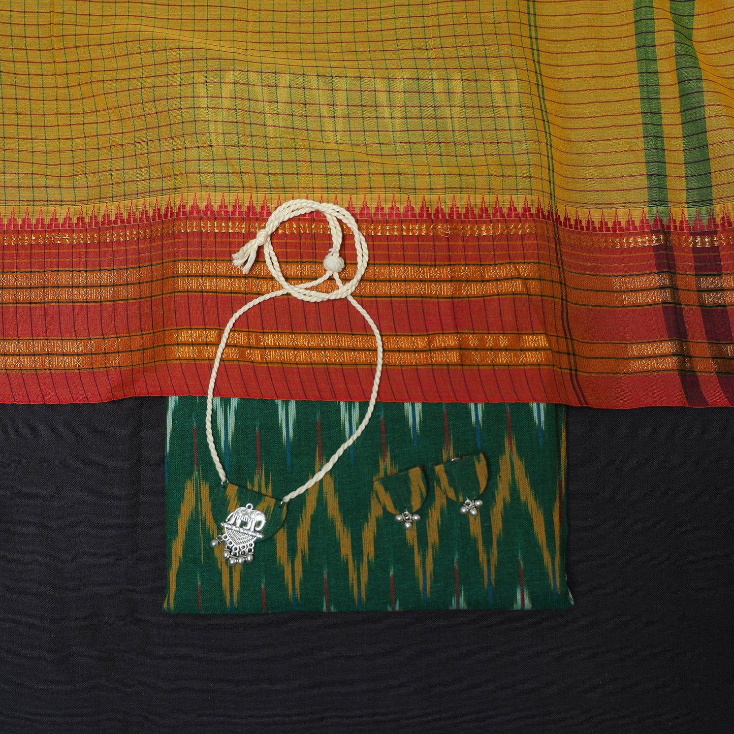 Green - 2pc cotton unstitched pochampally ikat dress