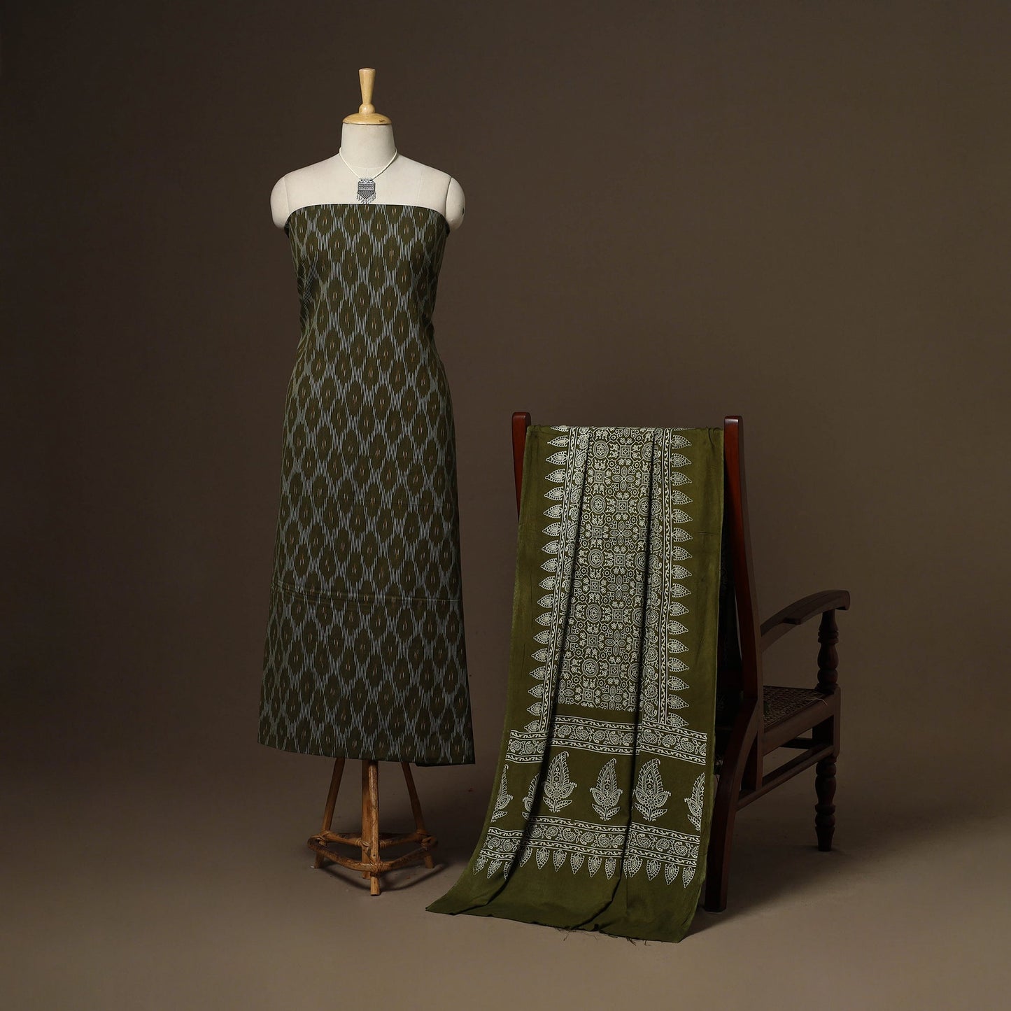 Green - 2pc cotton unstitched pochampally ikat dress