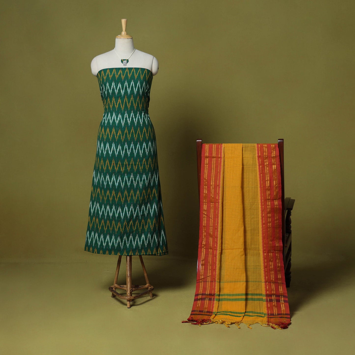 Green - 2pc cotton unstitched pochampally ikat dress
