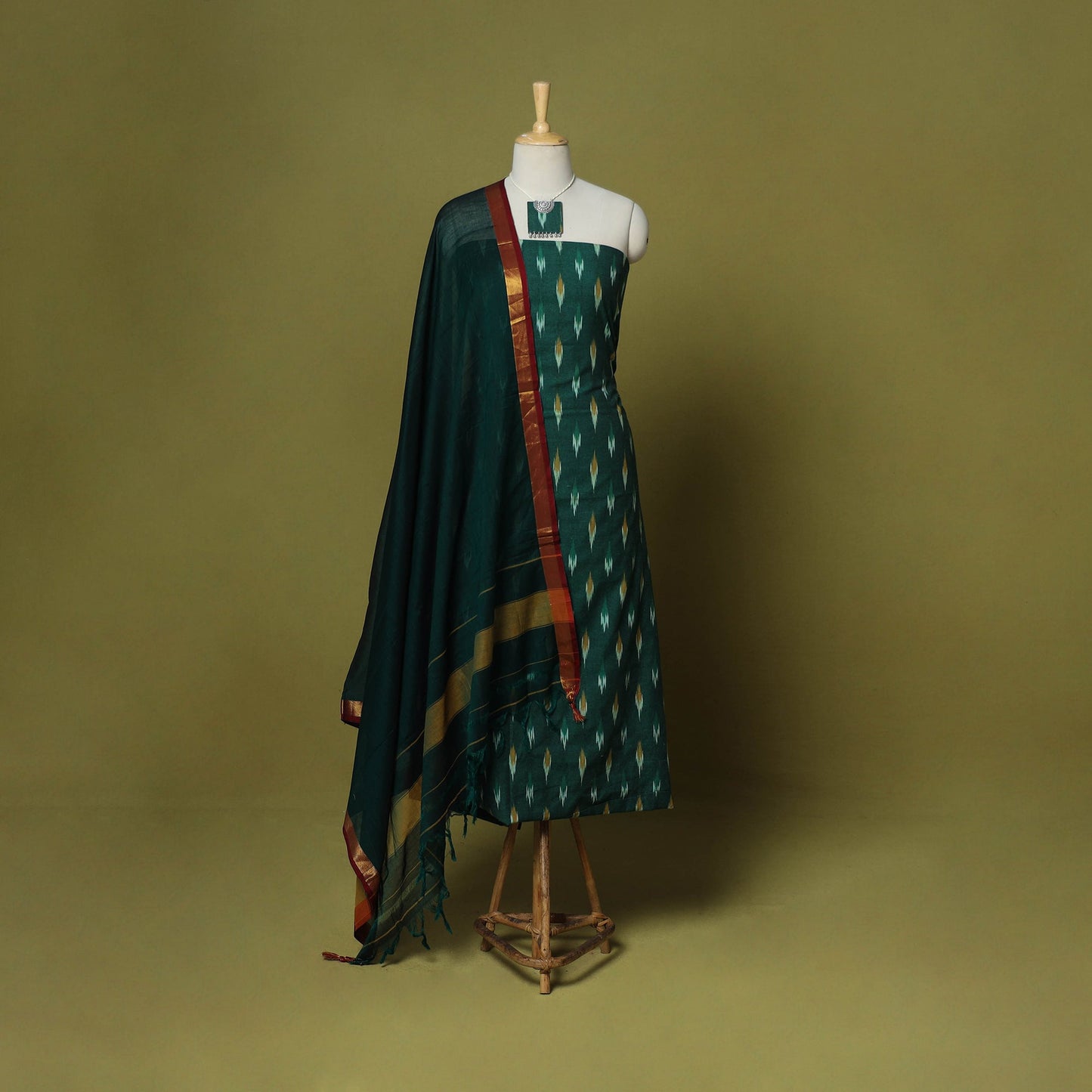 Green - 2pc cotton unstitched pochampally ikat dress