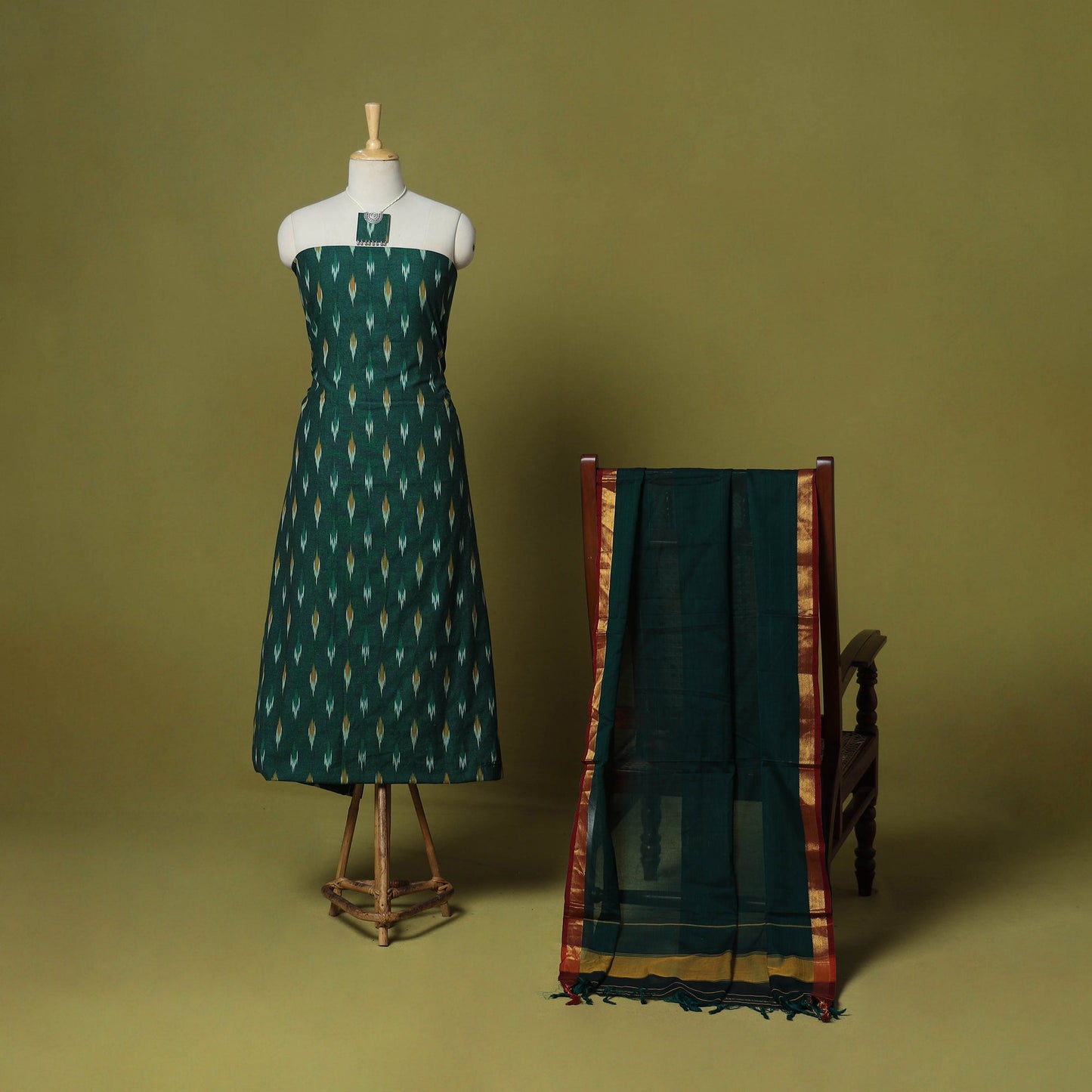 Green - 2pc cotton unstitched pochampally ikat dress