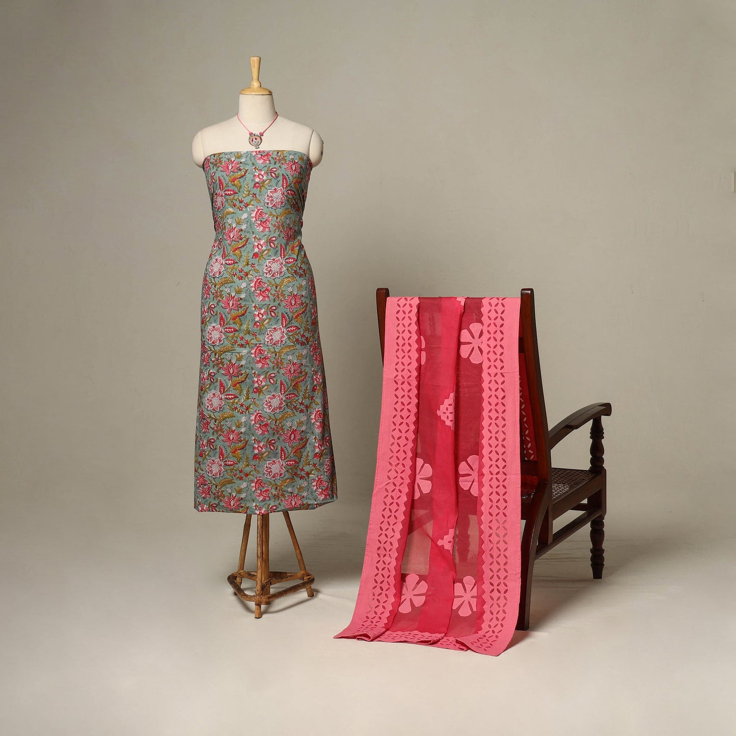 Green - 2pc cotton unstitched sanganeri dress material