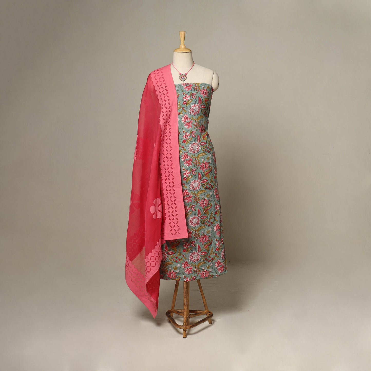 Green - 2pc cotton unstitched sanganeri dress material